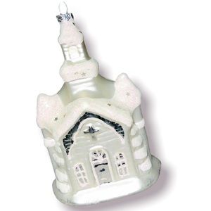 Vtg Mouth Blown Glass Church ornament White Christmas Snow Covered Chapel